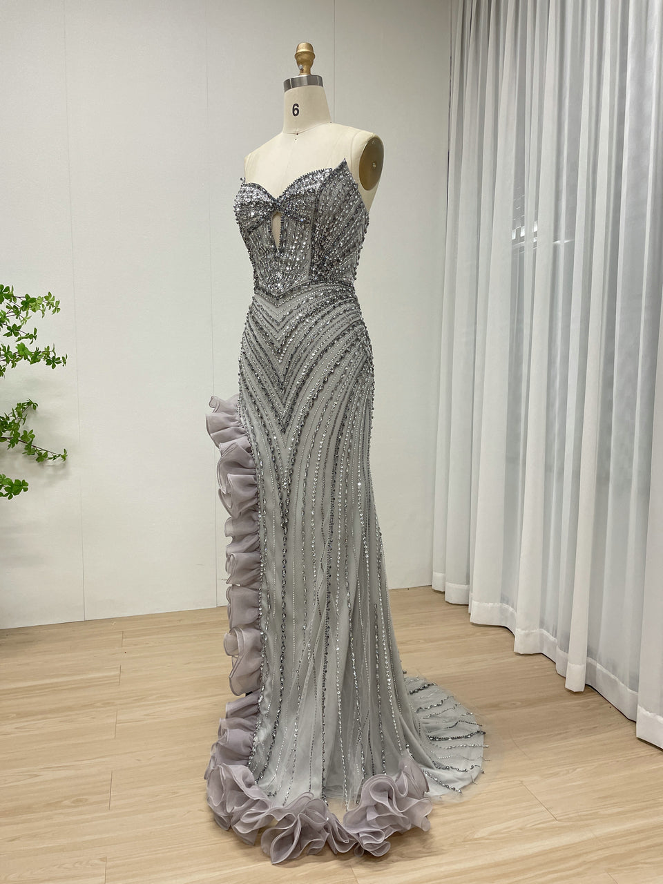 Sophisticated Gray Evening Gown with Beads Ruffle Layers Mermaid Fit MB40404