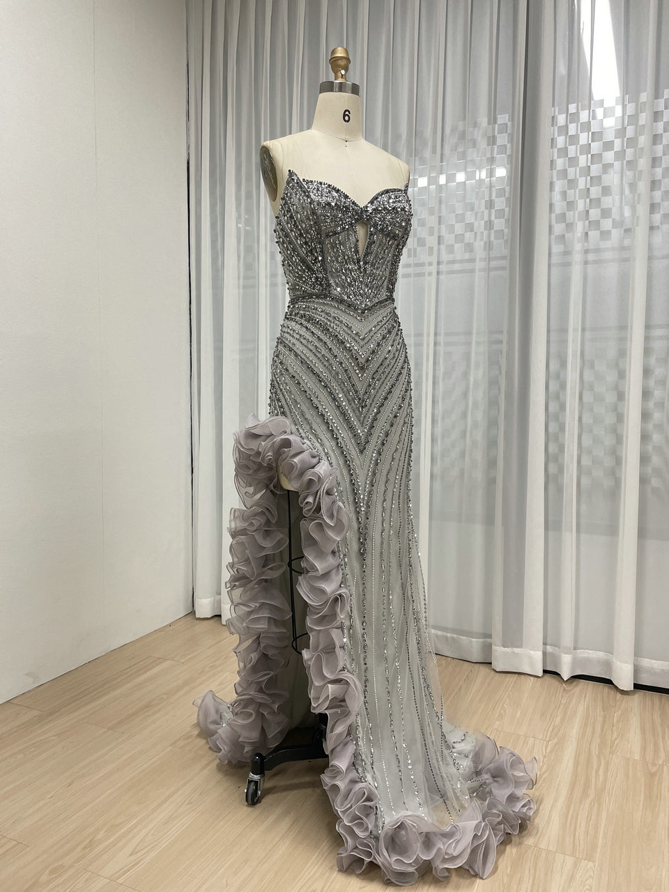 Sophisticated Gray Evening Gown with Beads Ruffle Layers Mermaid Fit MB40404
