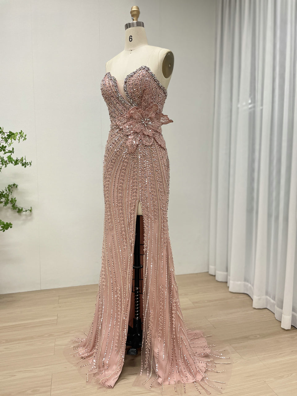 Exquisite Pink Off-Shoulder Sequined Dress with Flower for Party Event MB40405