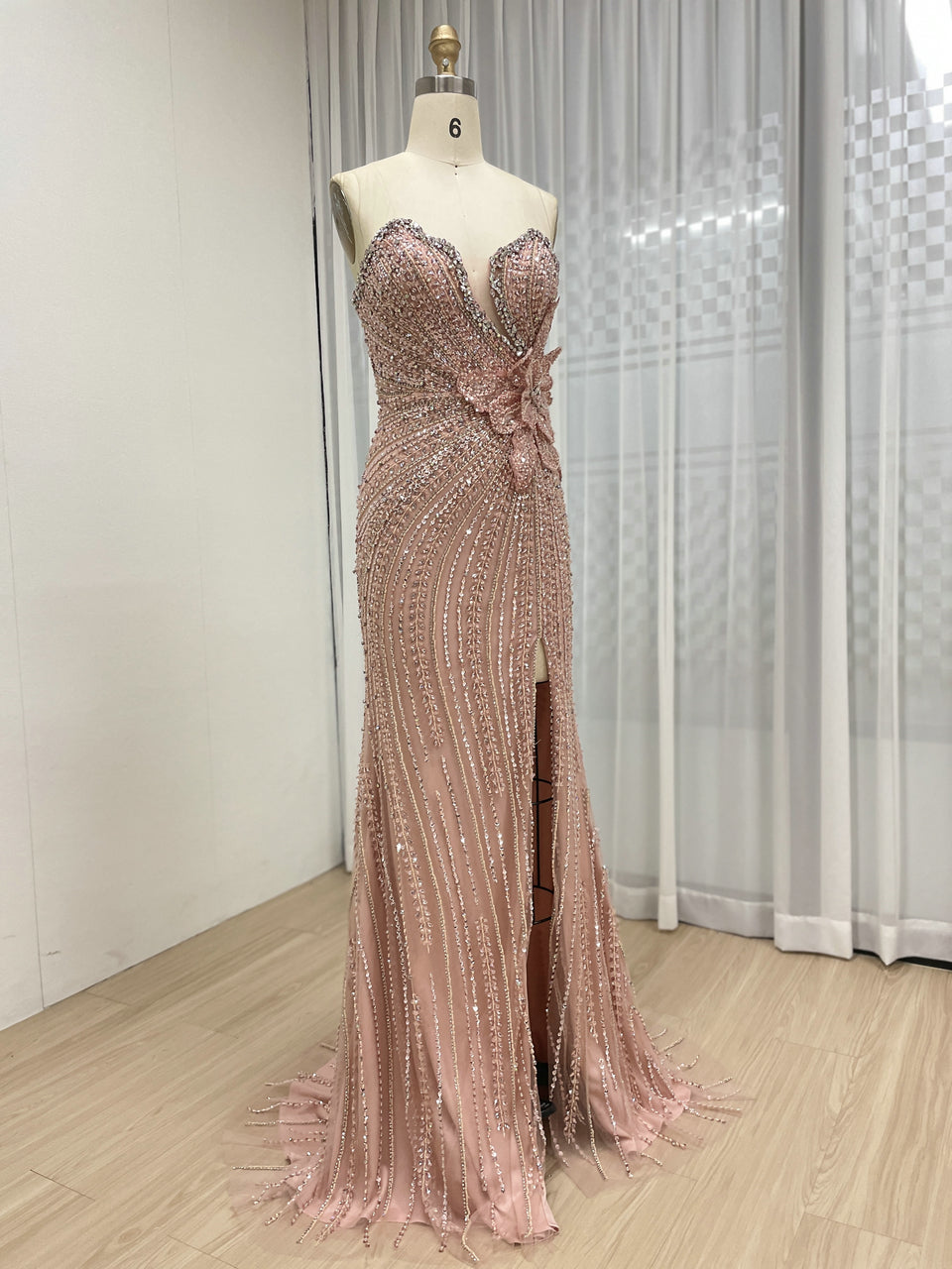 Exquisite Pink Off-Shoulder Sequined Dress with Flower for Party Event MB40405