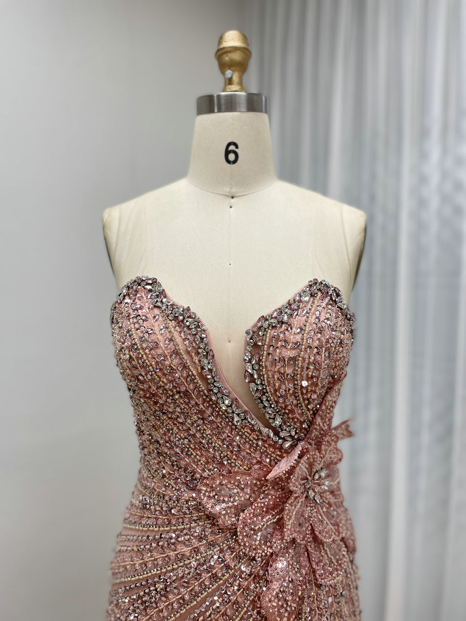 Exquisite Pink Off-Shoulder Sequined Dress with Flower for Party Event MB40405
