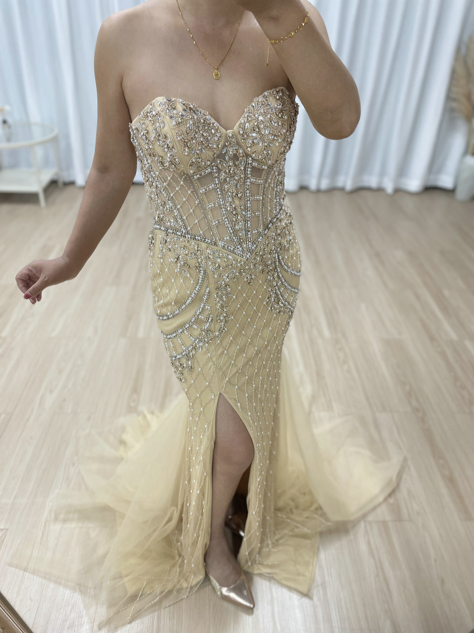 Elegant Champagne Prom Dress with Rhinestone Details Slit Skirt Long Train MB40406