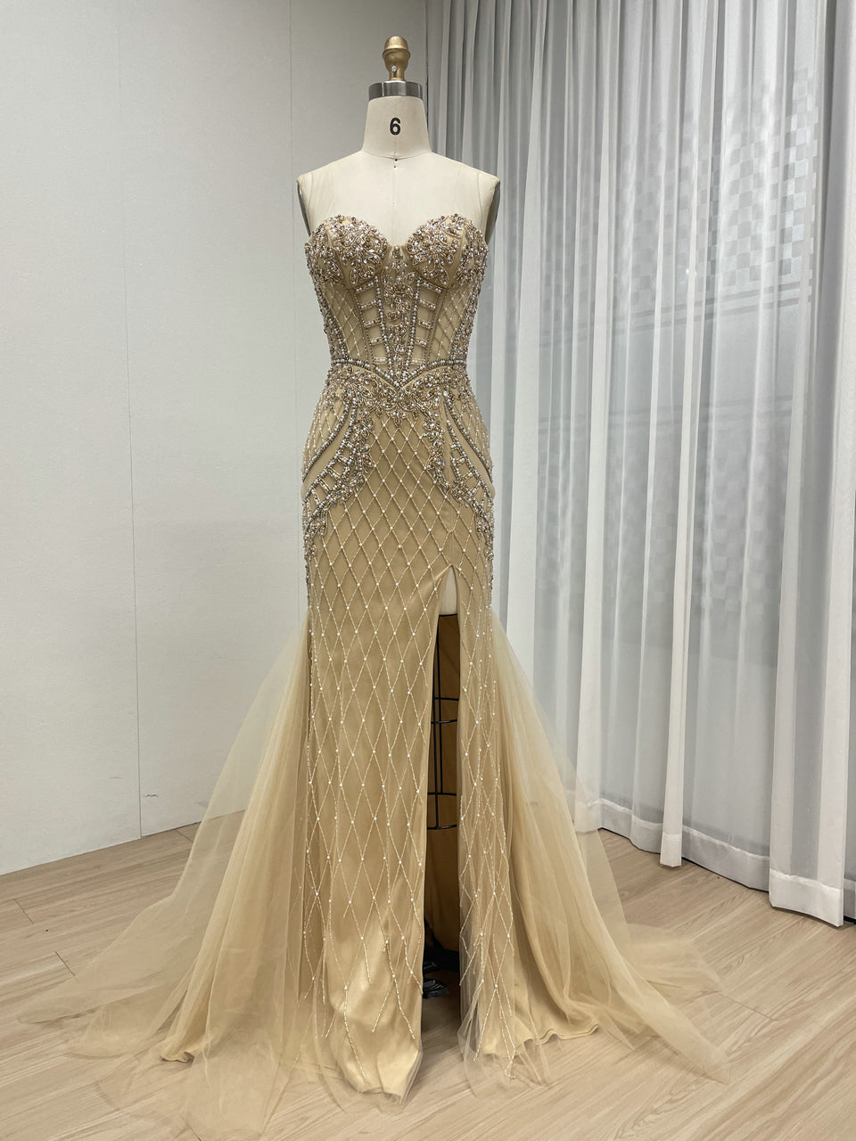 Elegant Champagne Prom Dress with Rhinestone Details Slit Skirt Long Train MB40406