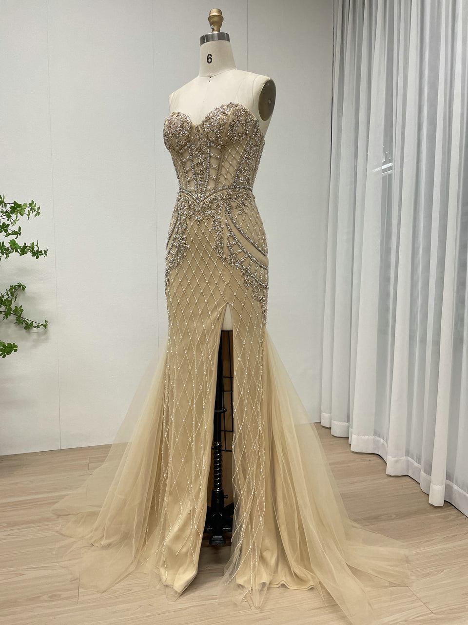 Elegant Champagne Prom Dress with Rhinestone Details Slit Skirt Long Train MB40406