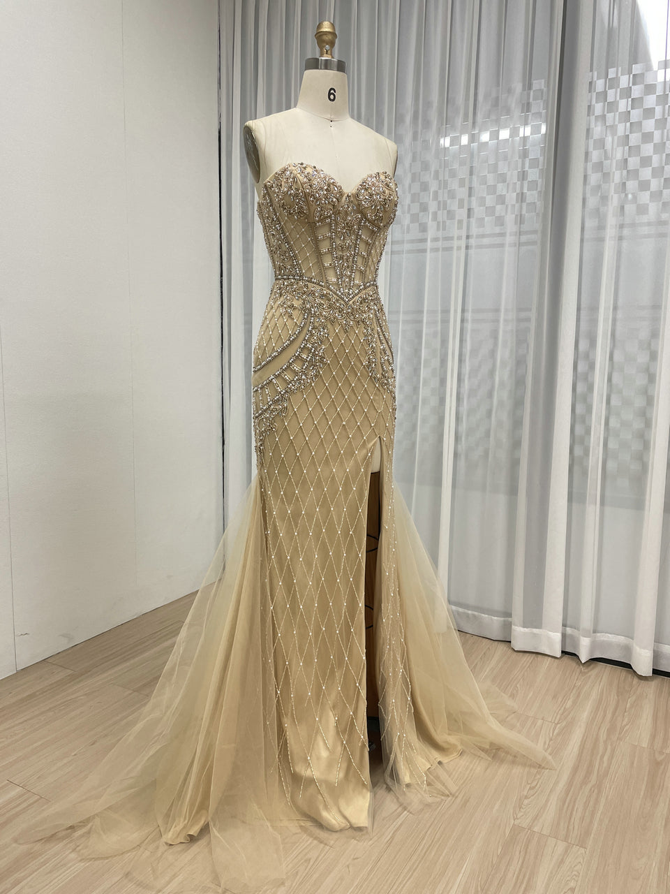 Elegant Champagne Prom Dress with Rhinestone Details Slit Skirt Long Train MB40406