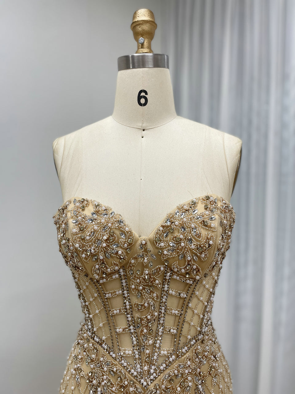 Elegant Champagne Prom Dress with Rhinestone Details Slit Skirt Long Train MB40406