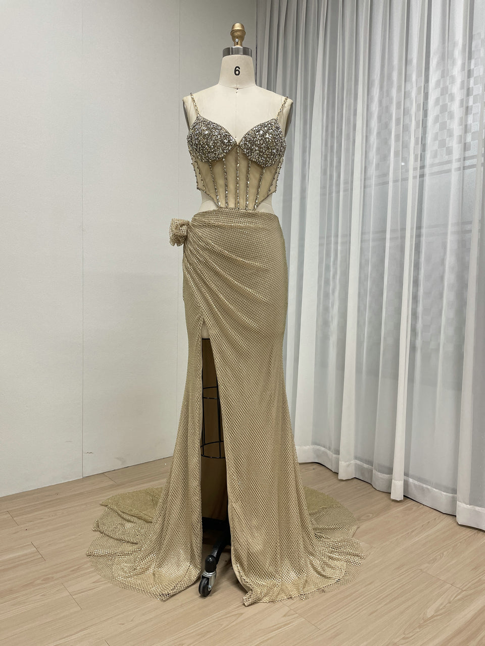 Chic Style Ruched Waist Embellished With Dazzling Diamond Sleeveless High Split Prom Evening Dress MB40407