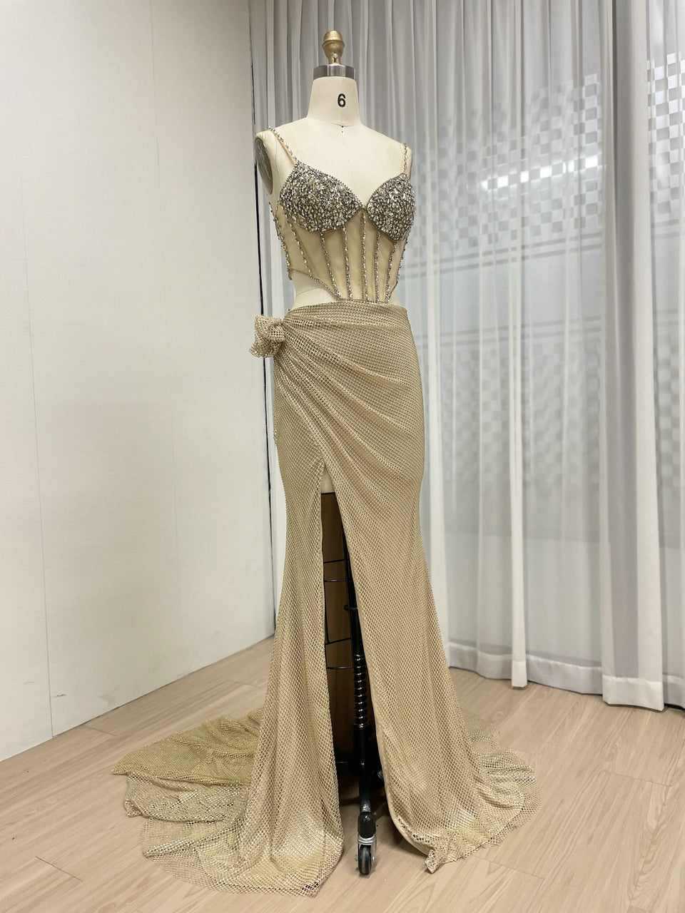Chic Style Ruched Waist Embellished With Dazzling Diamond Sleeveless High Split Prom Evening Dress MB40407