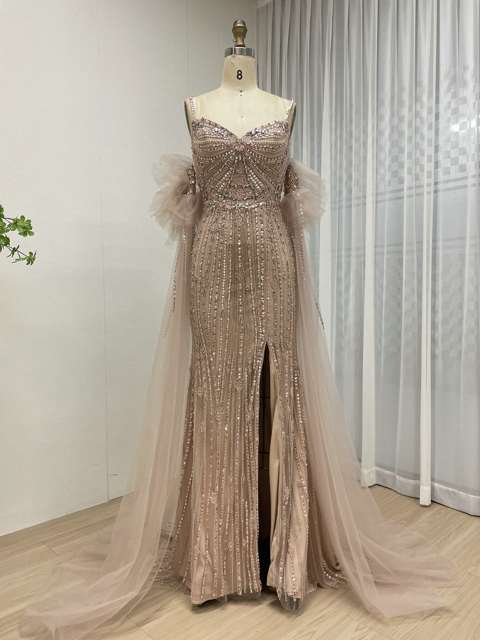 Silver Beaded Pink Nude Tulle Spaghetti Strap Evening Gown MB40408-2