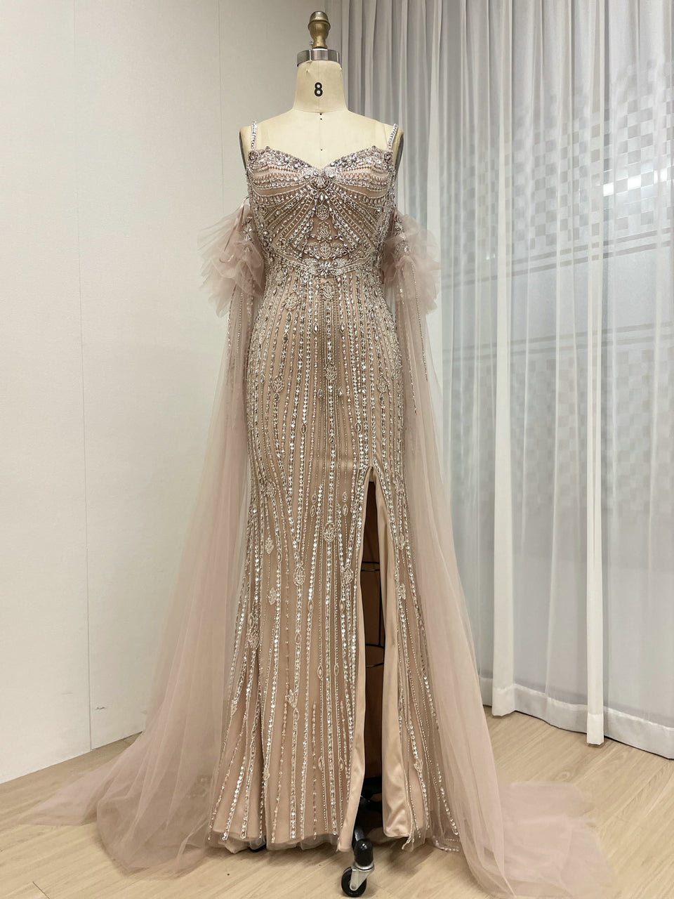 Silver Beaded Pink Nude Tulle Spaghetti Strap Evening Gown MB40408-2