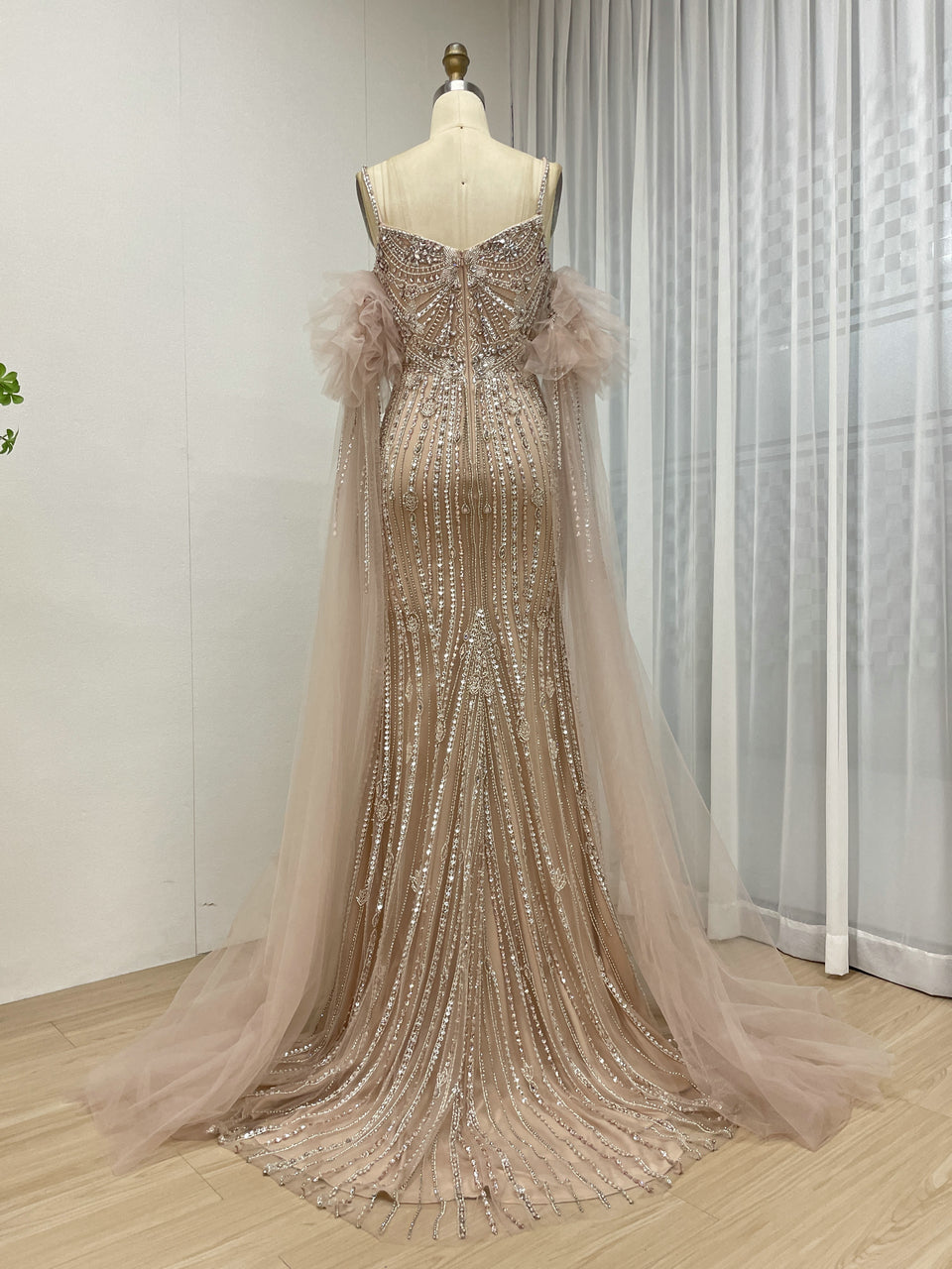 Silver Beaded Pink Nude Tulle Spaghetti Strap Evening Gown MB40408-2