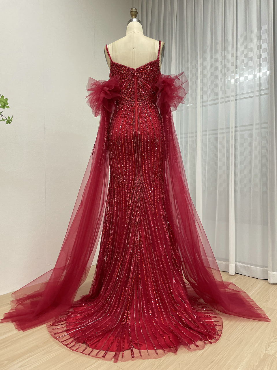 Silver Beaded Pink Nude Tulle Spaghetti Strap Evening Gown MB40408-2