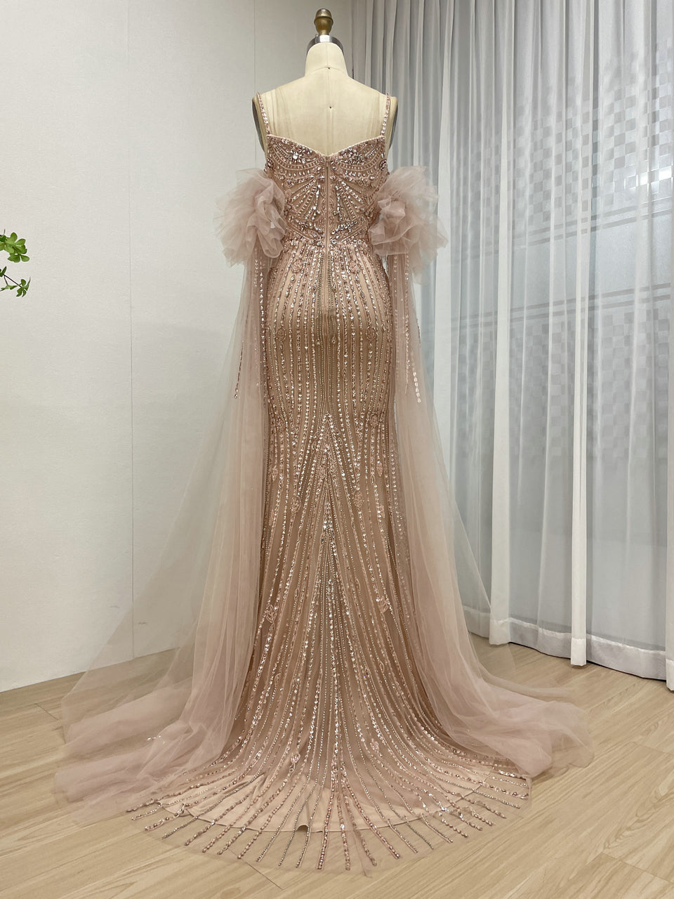 Silver Beaded Pink Nude Tulle Spaghetti Strap Evening Gown MB40408-2