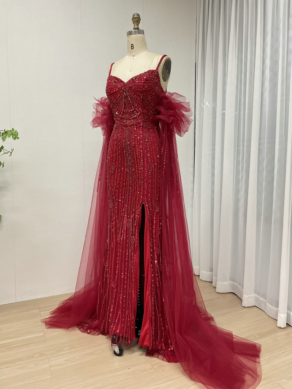 Silver Beaded Pink Nude Tulle Spaghetti Strap Evening Gown MB40408-2