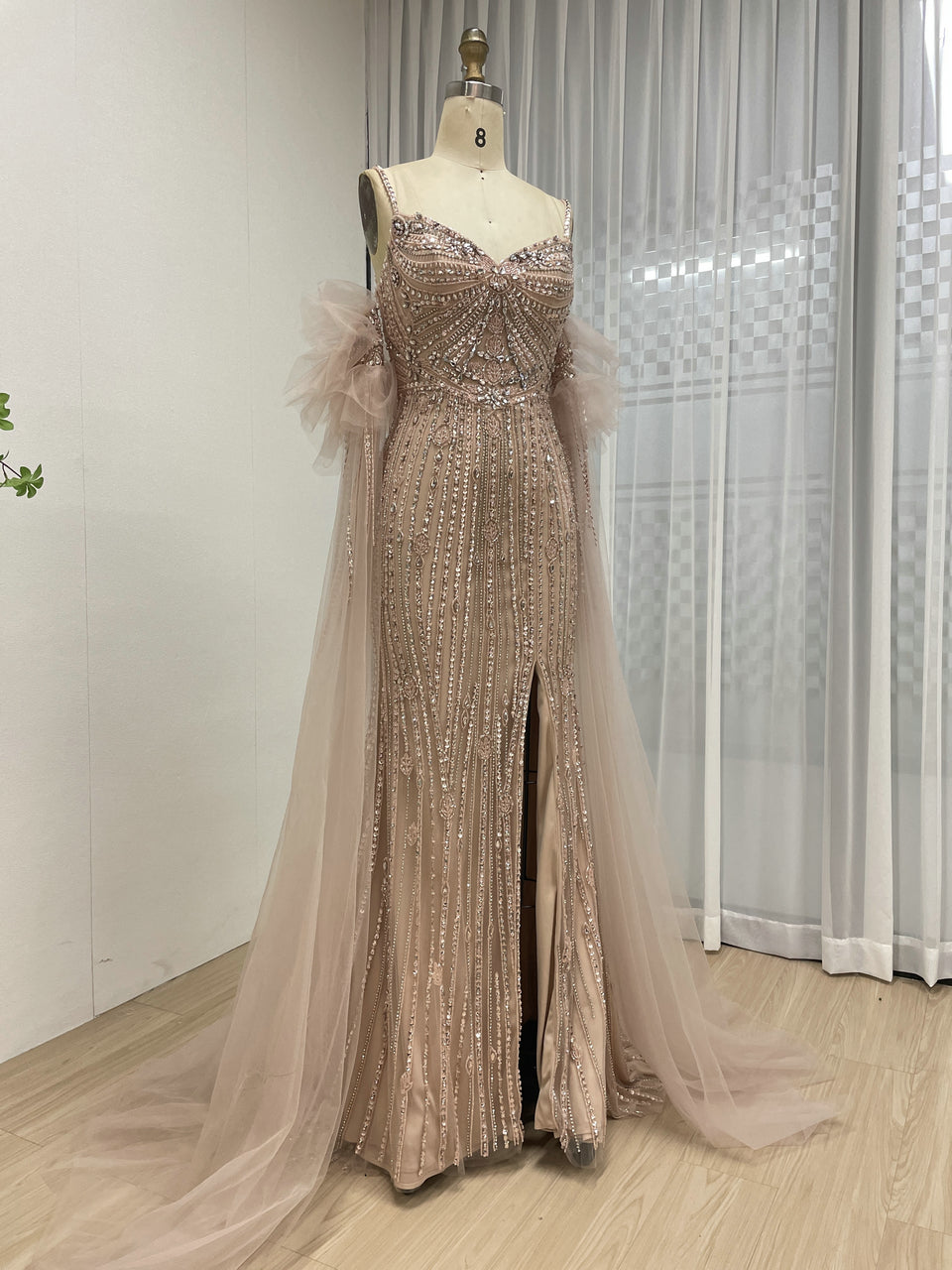 Silver Beaded Pink Nude Tulle Spaghetti Strap Evening Gown MB40408-2