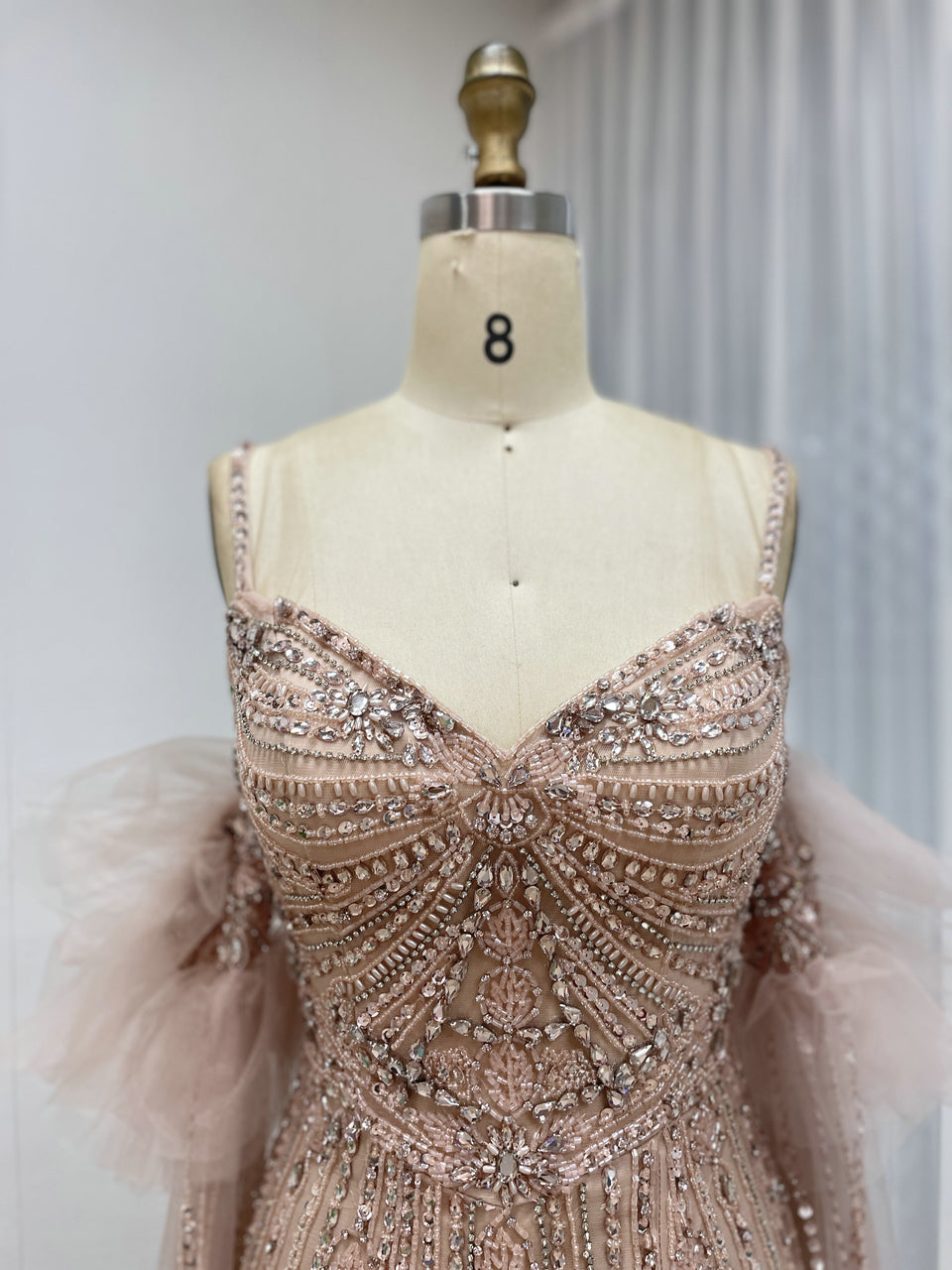 Silver Beaded Pink Nude Tulle Spaghetti Strap Evening Gown MB40408-2