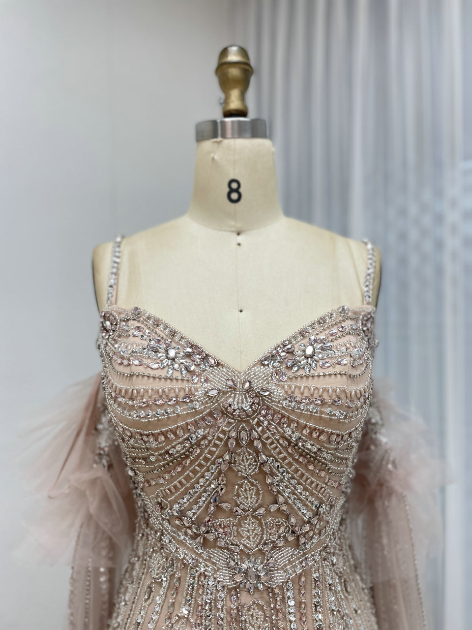 Silver Beaded Pink Nude Tulle Spaghetti Strap Evening Gown MB40408-2