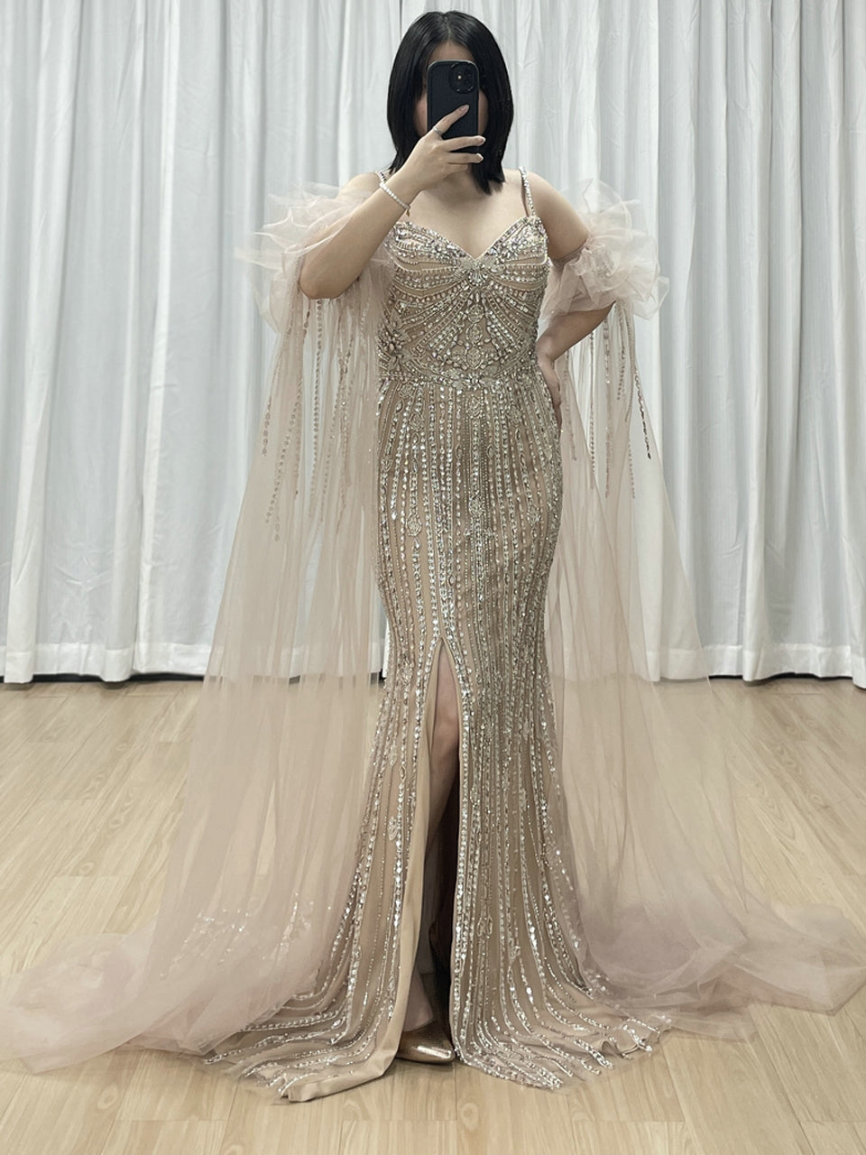 Silver Beaded Pink Nude Tulle Spaghetti Strap Evening Gown MB40408-2
