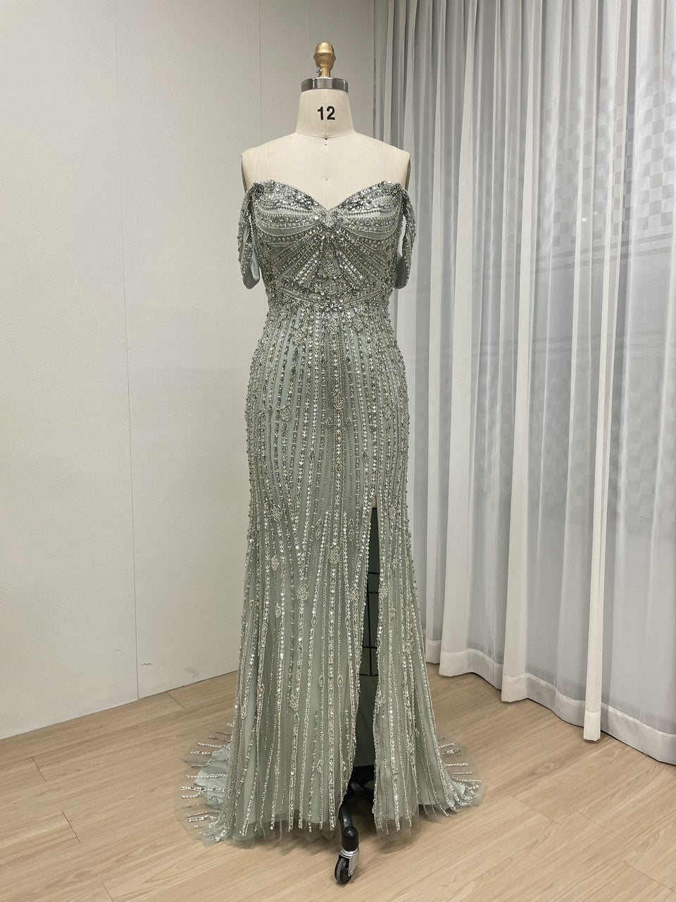 Elegant Off-Shoulder Beaded Evening Gown with Long Train for Prom Wedding MB40408B