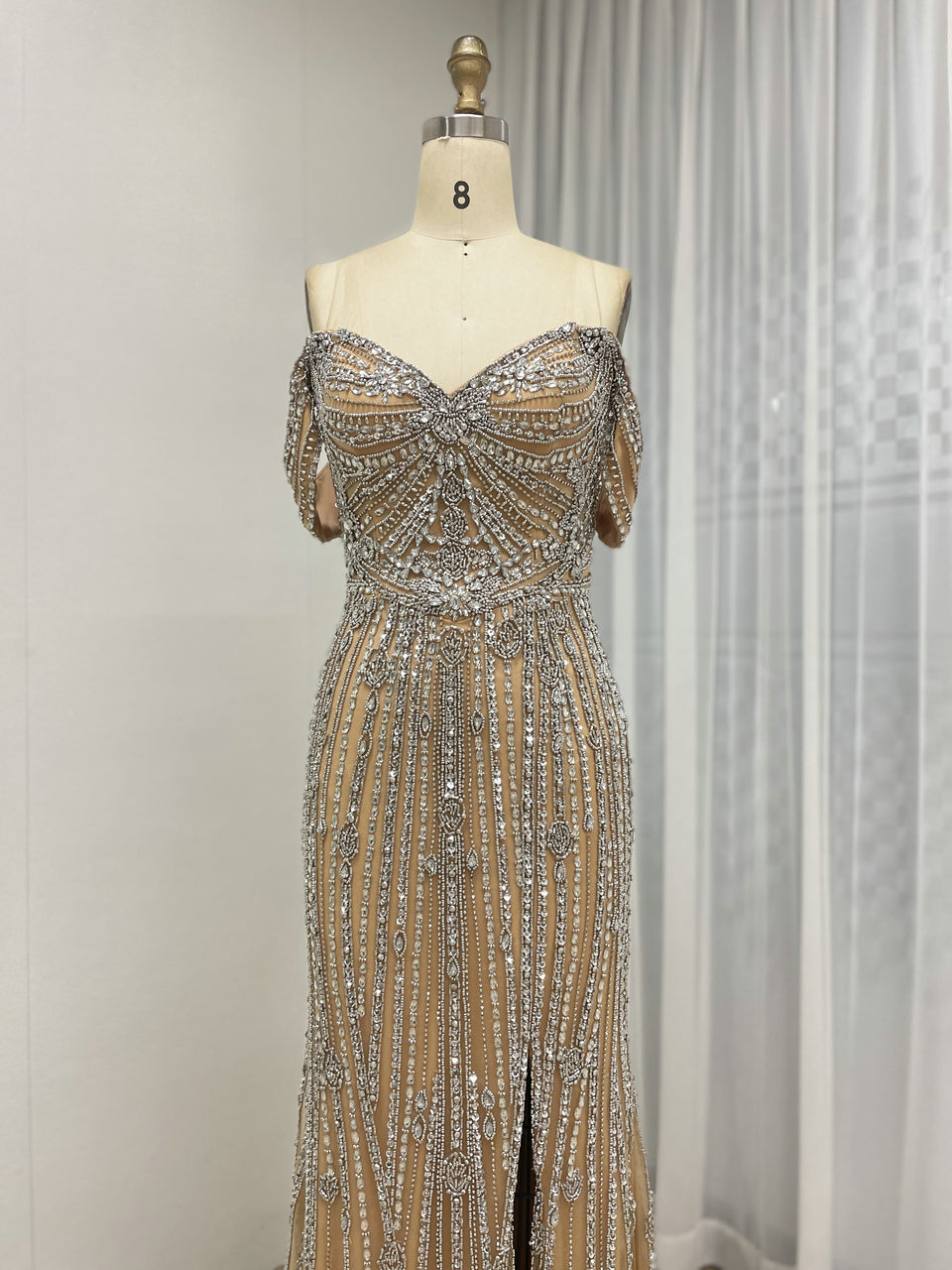 Elegant Off-Shoulder Beaded Evening Gown with Long Train for Prom Wedding MB40408B