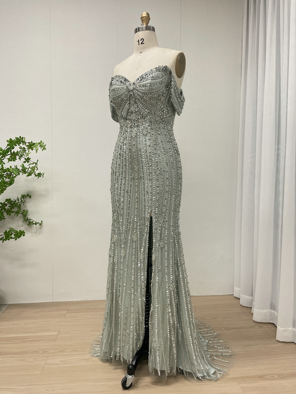 Elegant Off-Shoulder Beaded Evening Gown with Long Train for Prom Wedding MB40408B