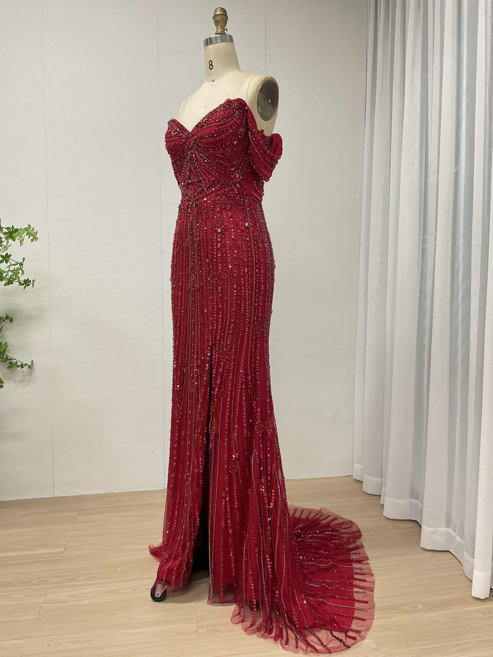 Elegant Off-Shoulder Beaded Evening Gown with Long Train for Prom Wedding MB40408B