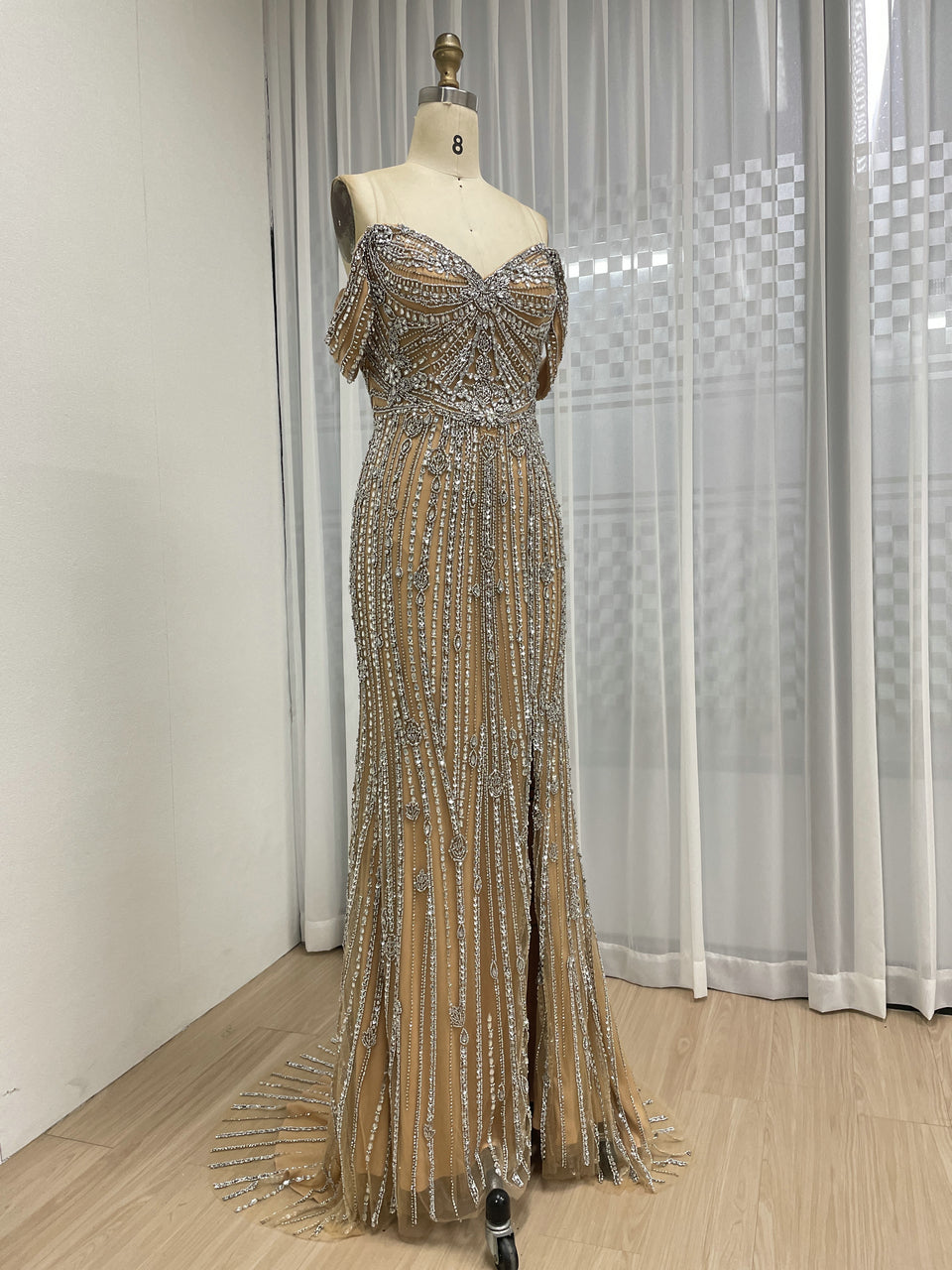 Elegant Off-Shoulder Beaded Evening Gown with Long Train for Prom Wedding MB40408B