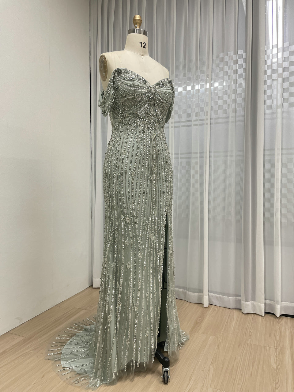 Elegant Off-Shoulder Beaded Evening Gown with Long Train for Prom Wedding MB40408B