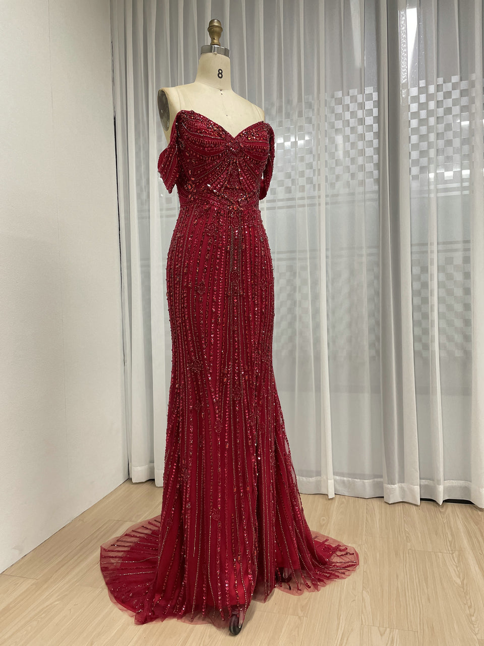 Elegant Off-Shoulder Beaded Evening Gown with Long Train for Prom Wedding MB40408B
