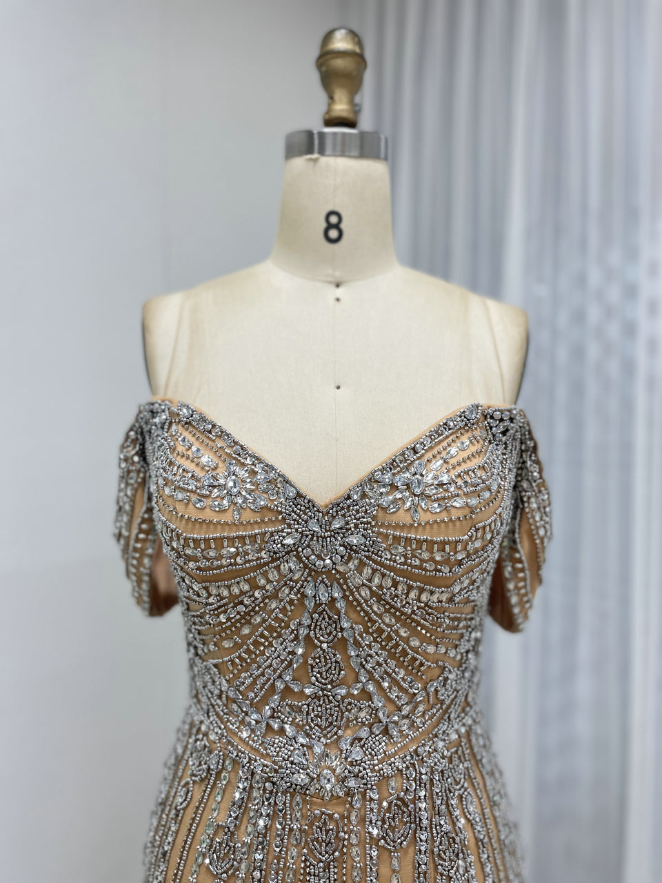 Elegant Off-Shoulder Beaded Evening Gown with Long Train for Prom Wedding MB40408B