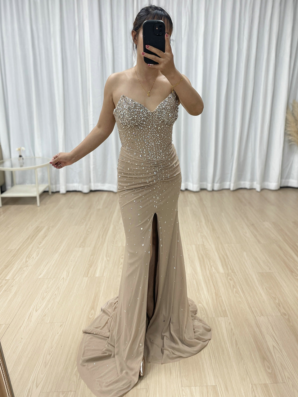 Exquisite Beige Evening Wear with Crystal Details Ruffles Floor-Length Design MB40409