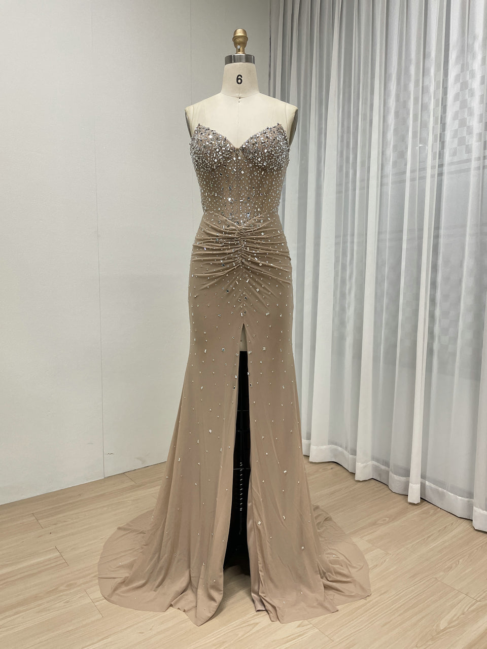 Exquisite Beige Evening Wear with Crystal Details Ruffles Floor-Length Design MB40409