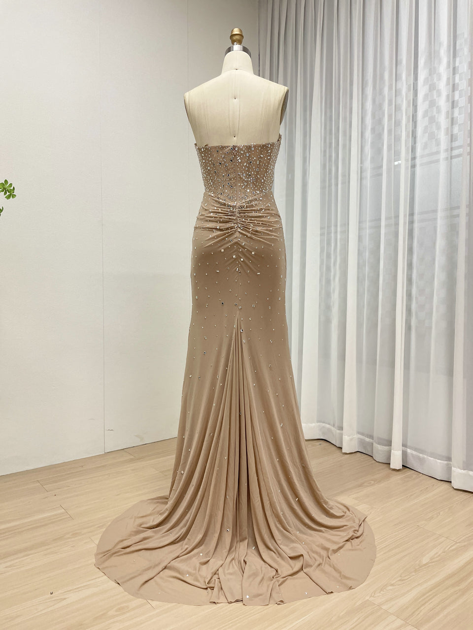 Exquisite Beige Evening Wear with Crystal Details Ruffles Floor-Length Design MB40409