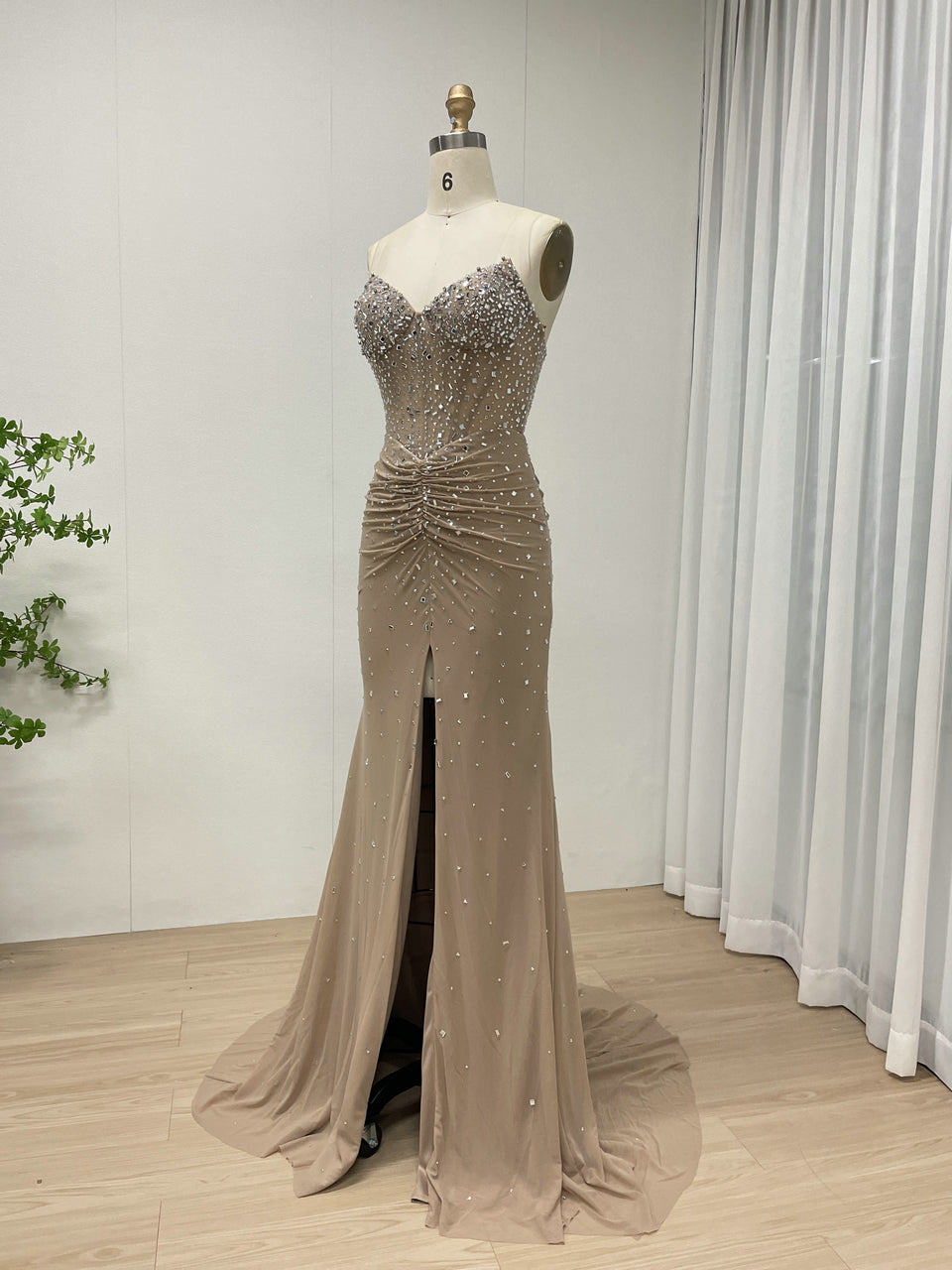 Exquisite Beige Evening Wear with Crystal Details Ruffles Floor-Length Design MB40409
