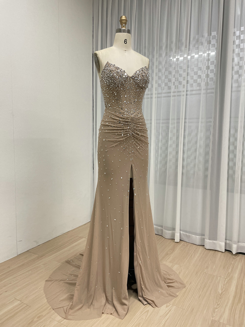 Exquisite Beige Evening Wear with Crystal Details Ruffles Floor-Length Design MB40409