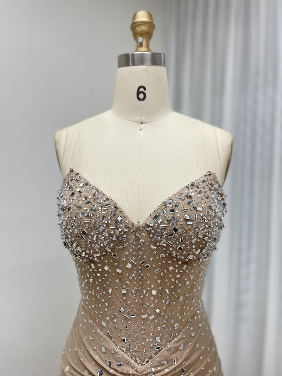 Exquisite Beige Evening Wear with Crystal Details Ruffles Floor-Length Design MB40409