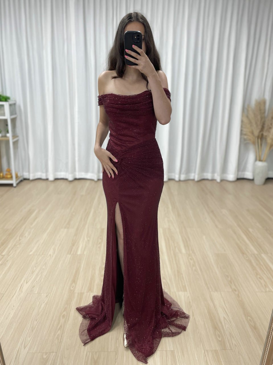 Elegant Off the Shoulder Sexy High Slit Prom Evening Gown for Birthday Wedding Graduation Parties MB40410-2