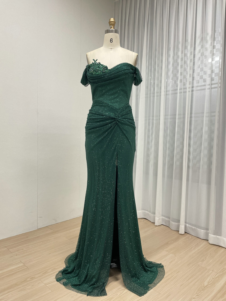 Elegant Green Prom Dress with Beaded Bodice Off-Shoulder Long Train MB40410