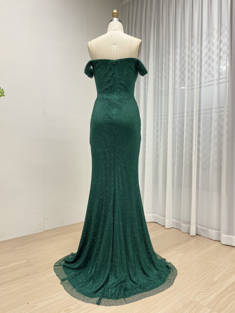 Elegant Green Prom Dress with Beaded Bodice Off-Shoulder Long Train MB40410