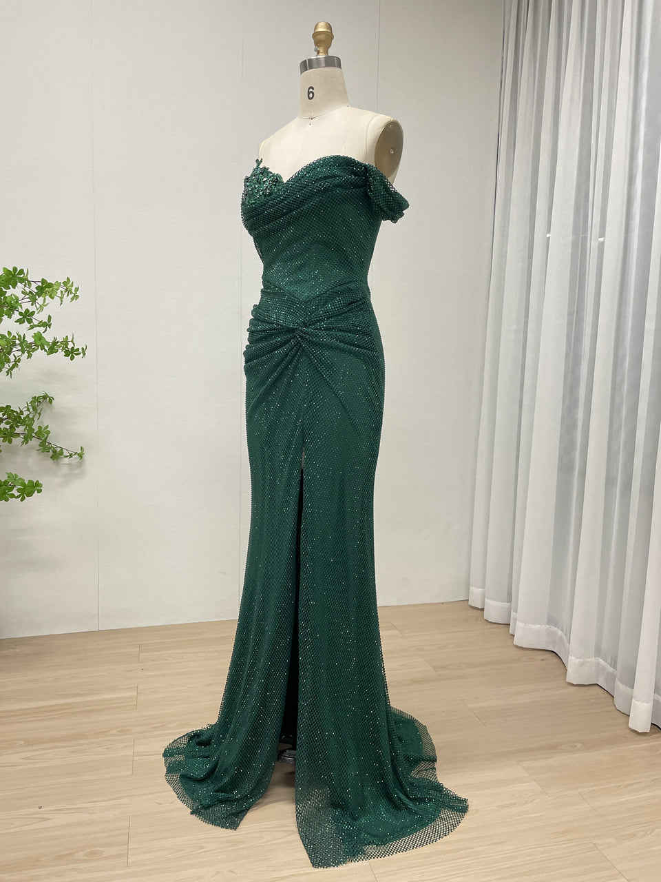 Elegant Green Prom Dress with Beaded Bodice Off-Shoulder Long Train MB40410