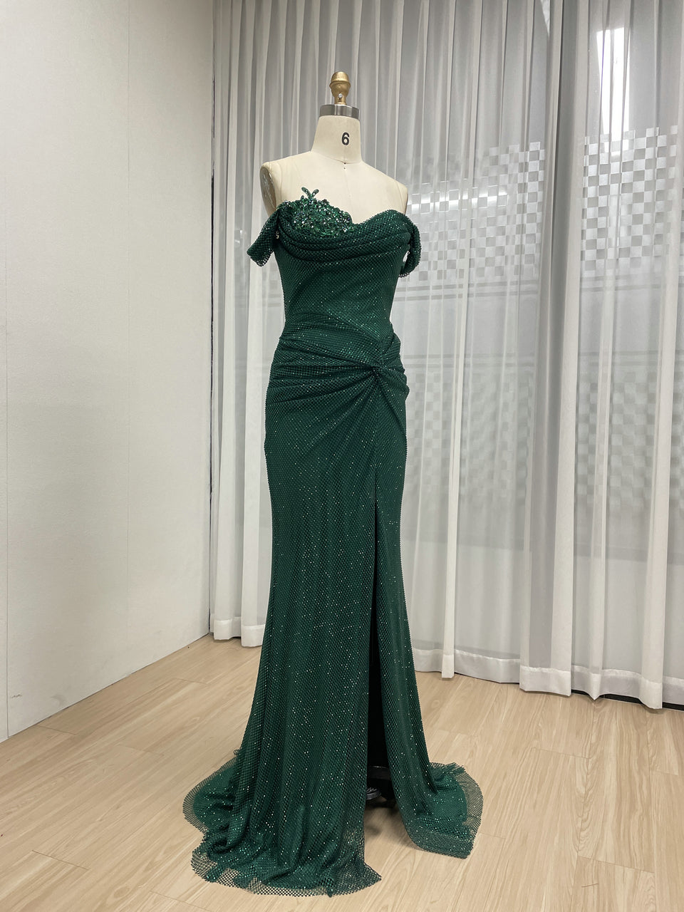 Elegant Green Prom Dress with Beaded Bodice Off-Shoulder Long Train MB40410