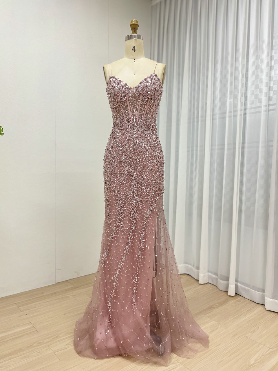 Stunning Pink Prom Dress with Rhinestone Embellishments Long Slit Floor-Length MB40411