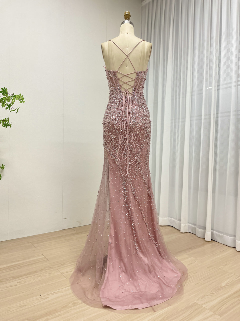 Stunning Pink Prom Dress with Rhinestone Embellishments Long Slit Floor-Length MB40411