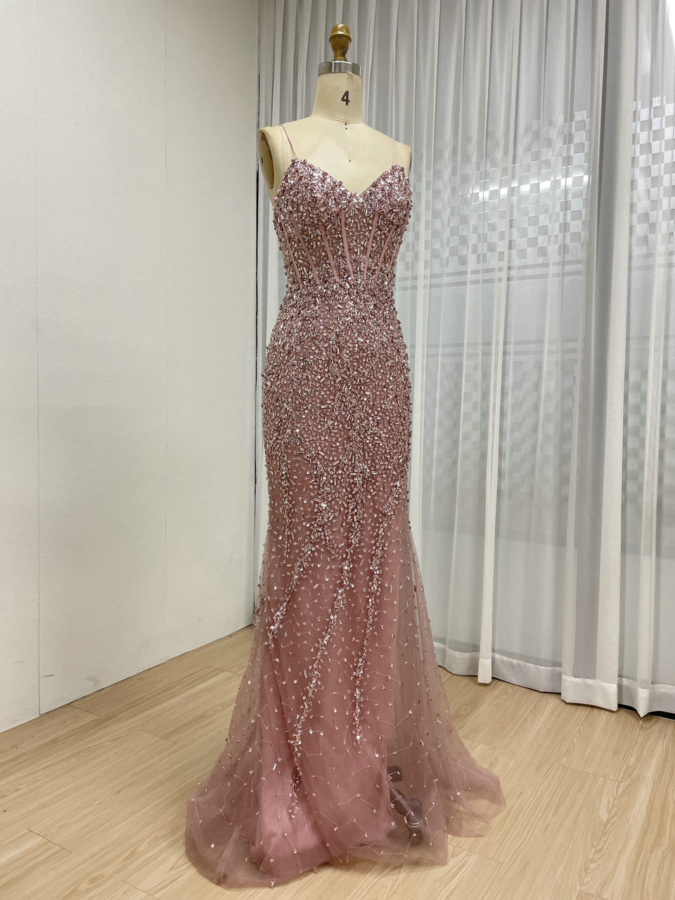 Stunning Pink Prom Dress with Rhinestone Embellishments Long Slit Floor-Length MB40411