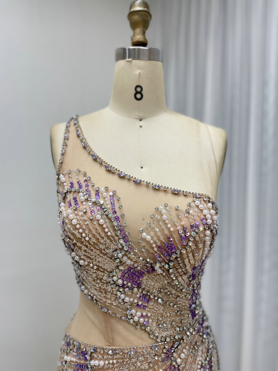 Elegant One Shoulder Fringe Prom Evening Gown Embellished Exquisite Colorful Beaded Crystal Pearls for Party MB40412