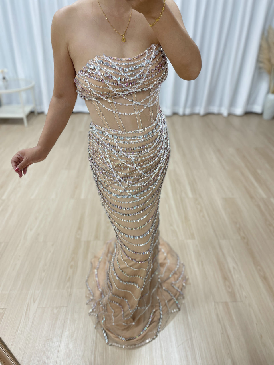 Exquisite Champagne Prom Dress with Pearl Embellishments Off-Shoulder Style MB40413
