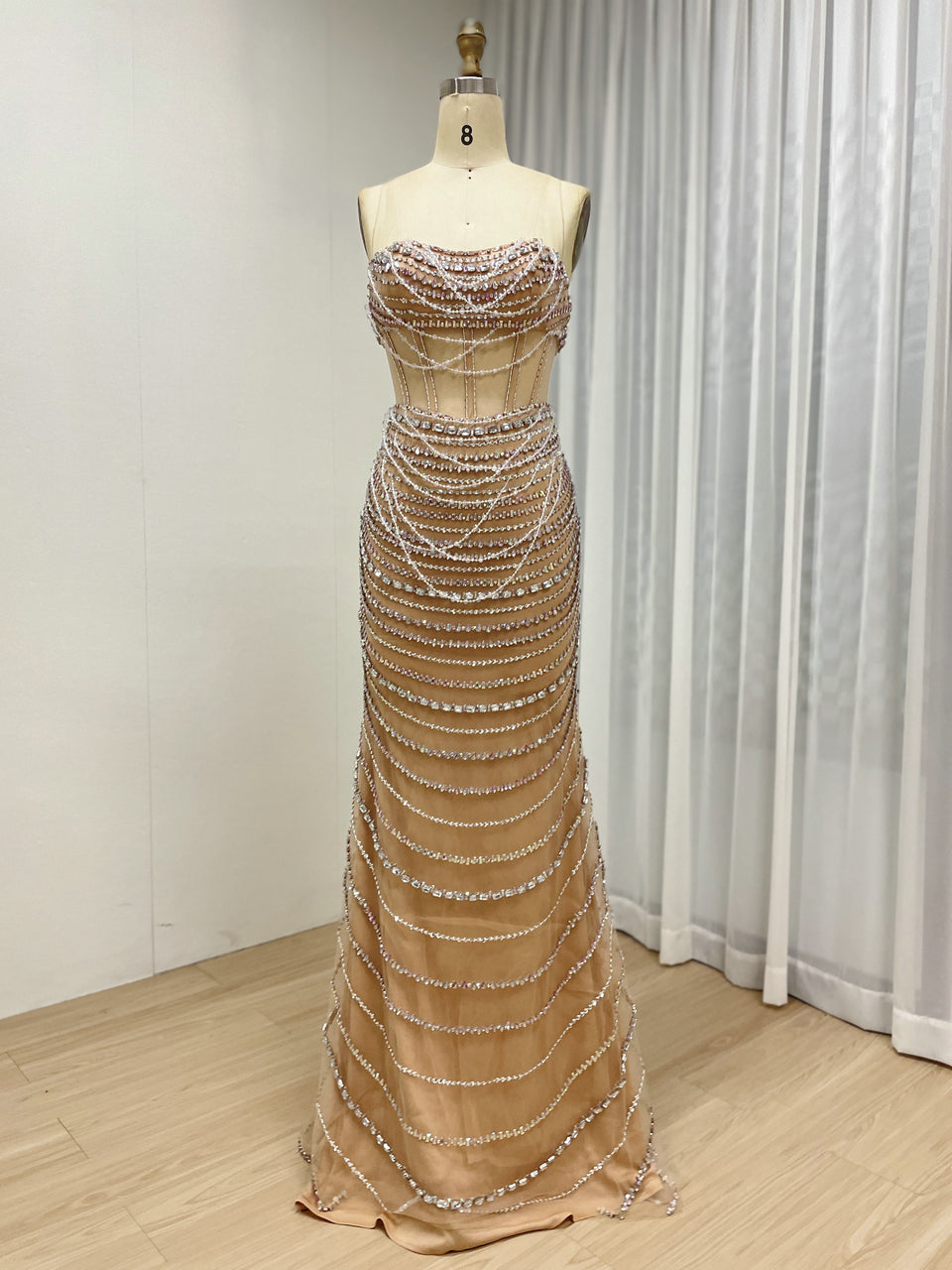 Exquisite Champagne Prom Dress with Pearl Embellishments Off-Shoulder Style MB40413