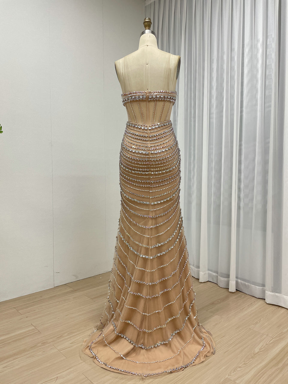 Exquisite Champagne Prom Dress with Pearl Embellishments Off-Shoulder Style MB40413