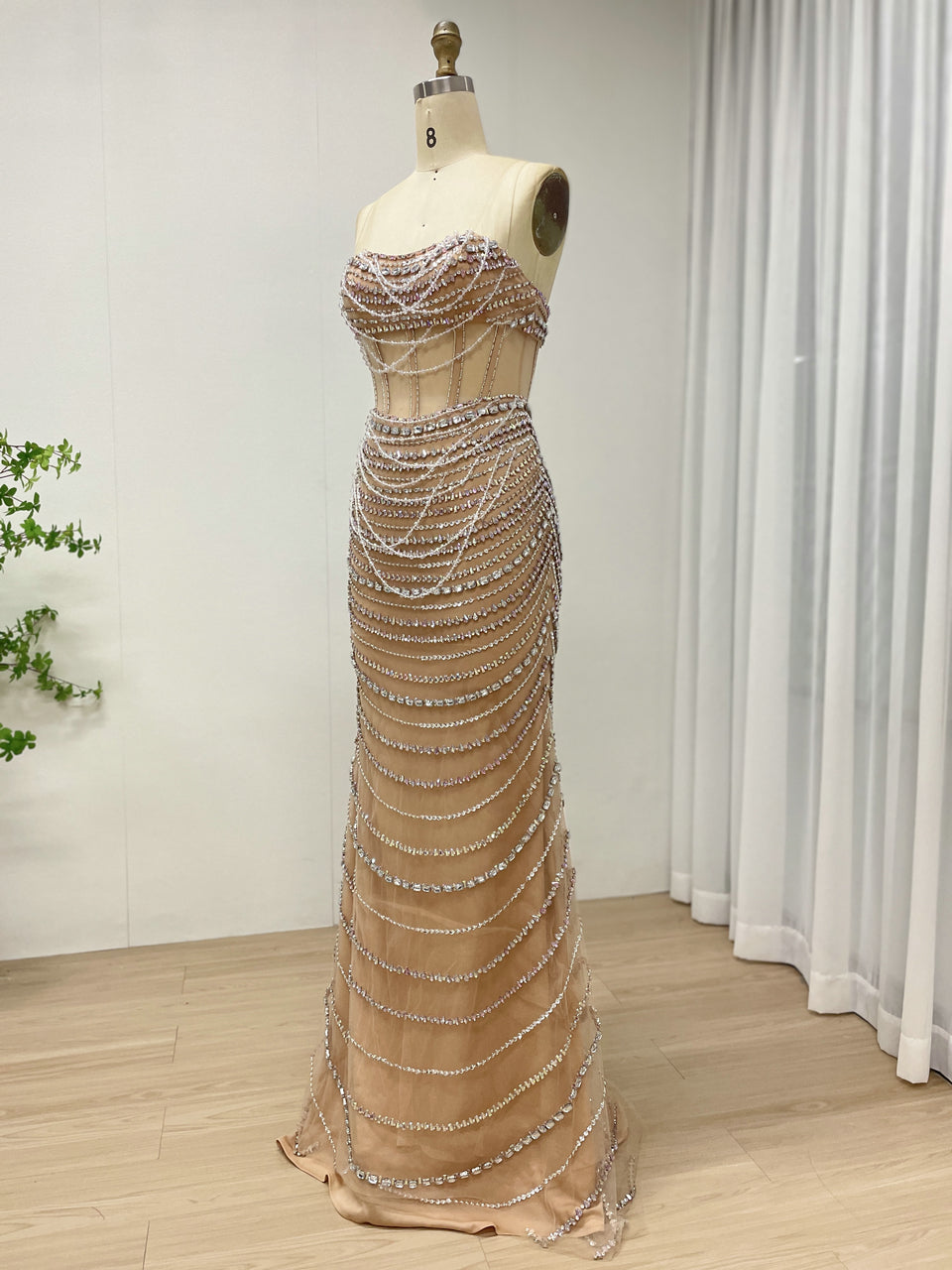 Exquisite Champagne Prom Dress with Pearl Embellishments Off-Shoulder Style MB40413