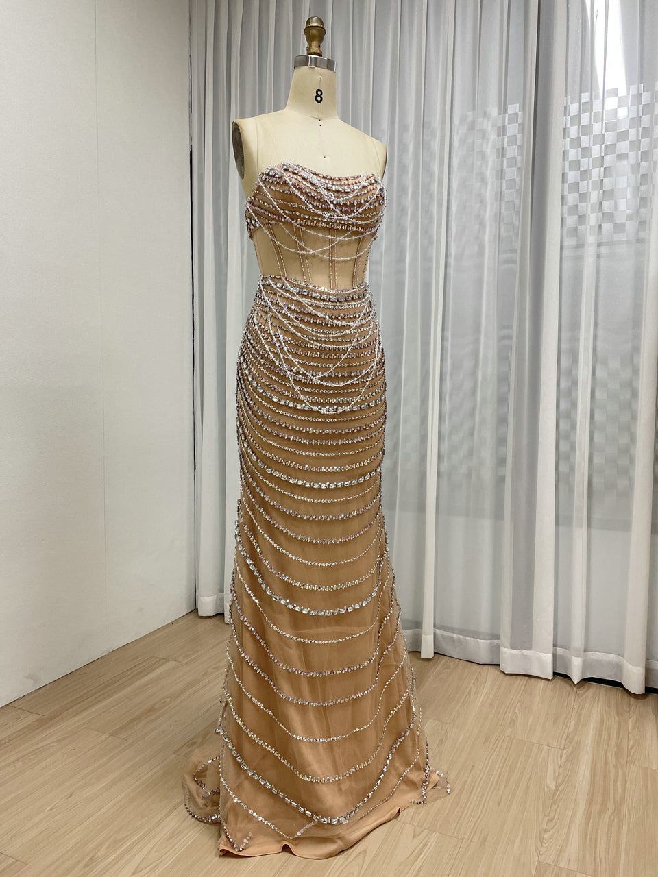 Exquisite Champagne Prom Dress with Pearl Embellishments Off-Shoulder Style MB40413